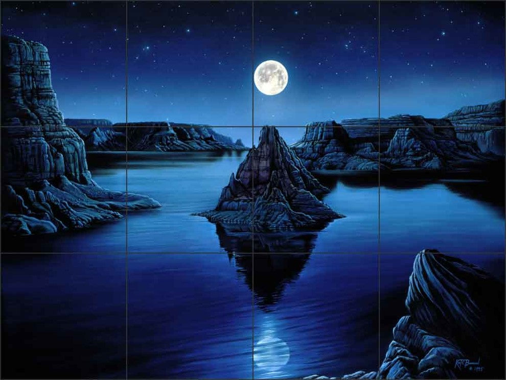 Ceramic Tile Mural Backsplash, Moon Spirit by Kurt Burmann, 24"x18"