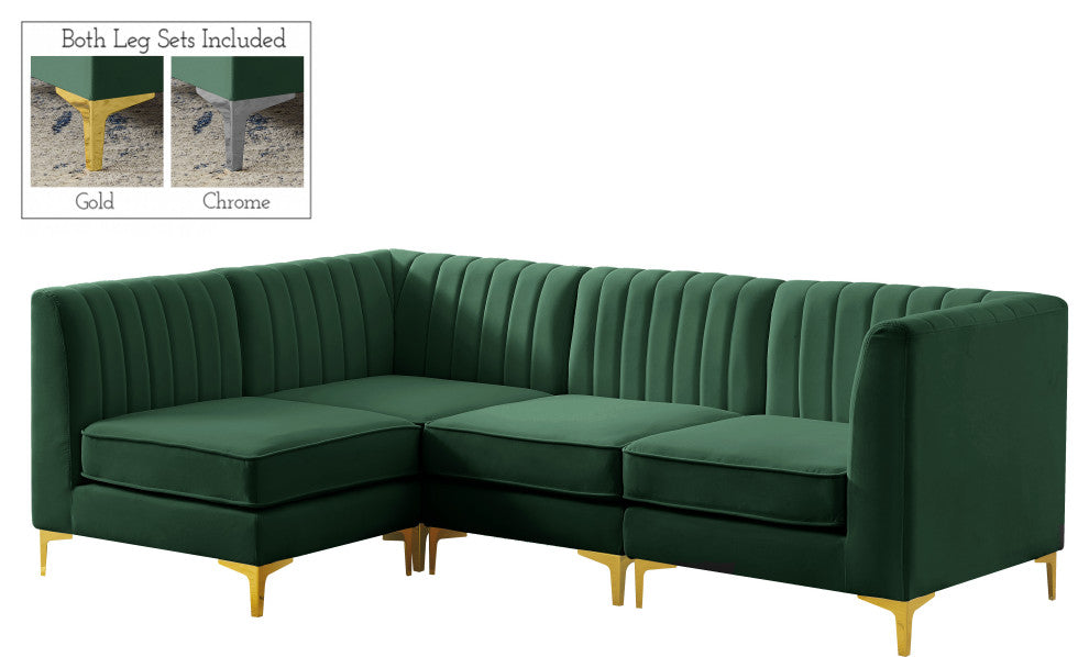 Alina Velvet Modular L-Shaped Modular Sectional, Green, 4-Piece: 2 Armless Chair, 2 Corner Chair
