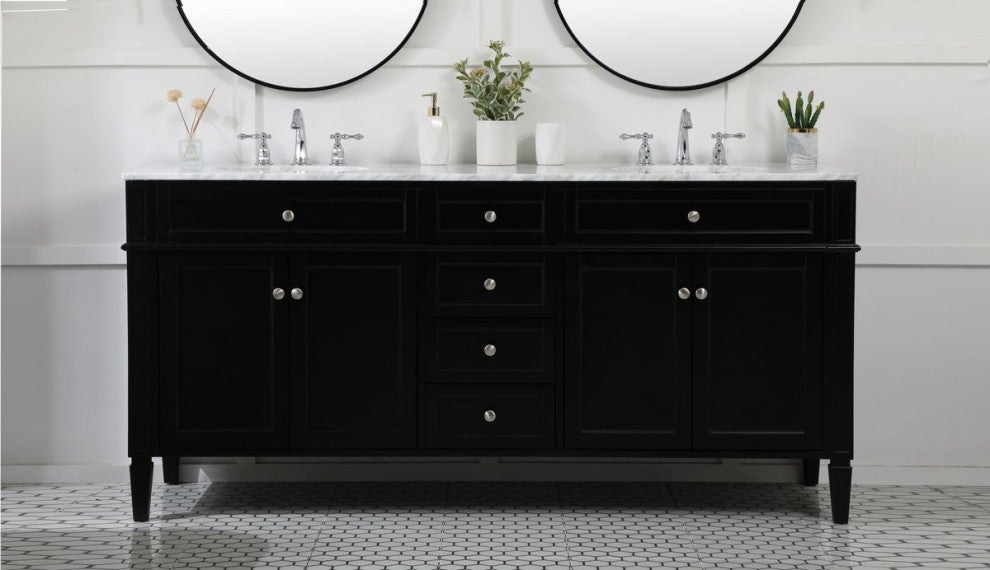 Home Living Vanity with Carrara White Marble Countertop, Black, 72", Double Sink