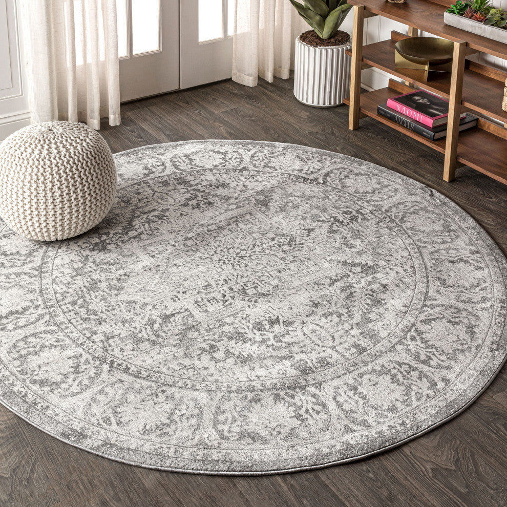 Modern Persian Vintage Medallion Area Rug, Gray, 9' Round
