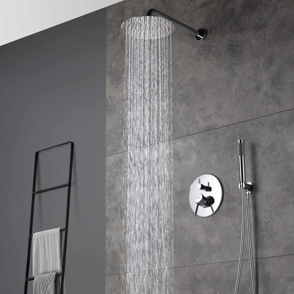 CASAINC 10" Round Wall Mounted Luxury Rain Shower System with Handheld Spray, Chrome