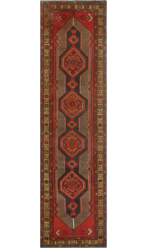 Fine Vintage Distressed Sanderso Charcoal/Burgundy Runner, 3'4x12'9