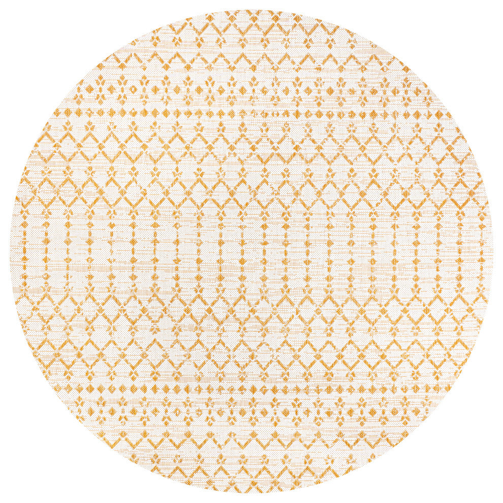 Ourika Moroccan Geometric Indoor/Outdoor Rug, Cream/Yellow, 5' Round