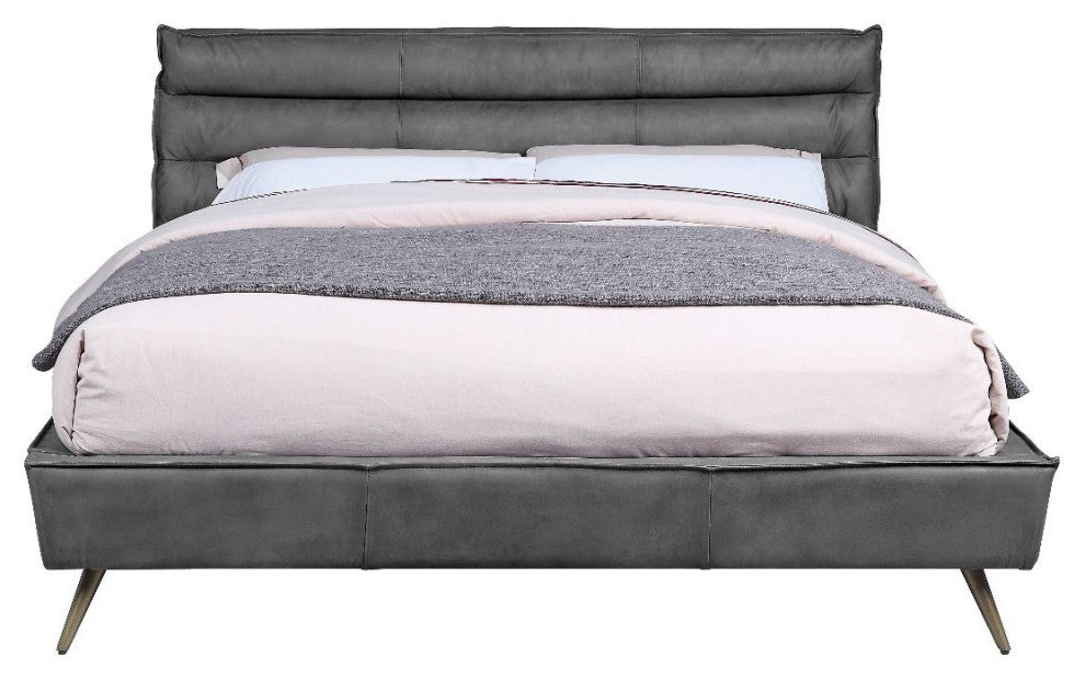 Alexa Top Grain Leather Platform Bed, Gray, Queen