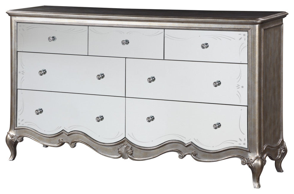 Benzara BM251274 Dresser With Mirror Front and Molded Trim, Antique Silver