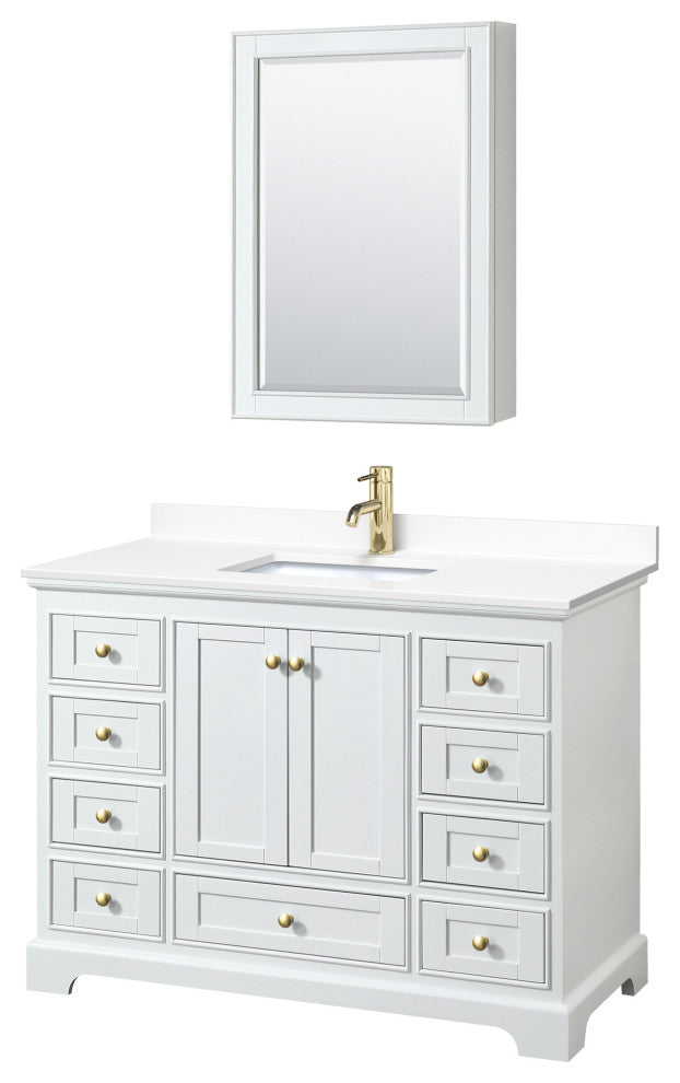 48"SGL Vanity White, White Cult. Marble Countertop, Sink, Gold Trim, Med.Cabinet