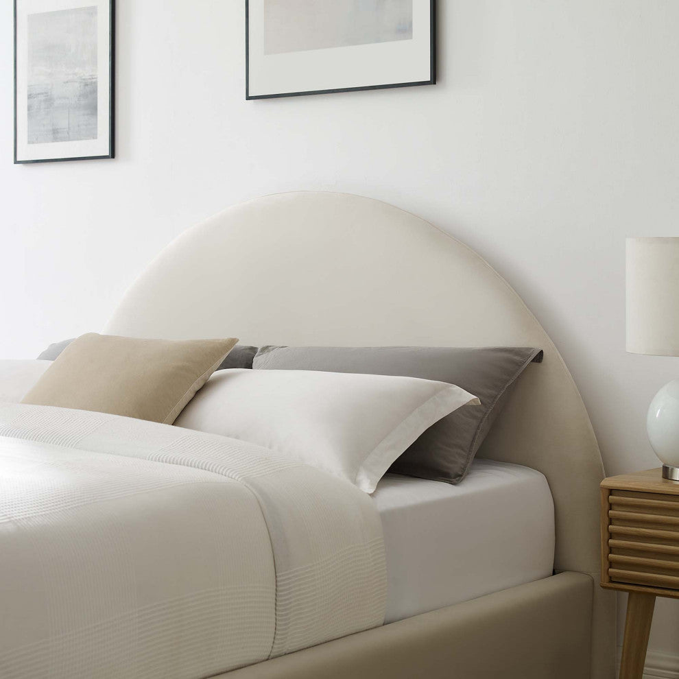 Resort Performance Velvet Arched Round Queen Platform Bed, Alabaster