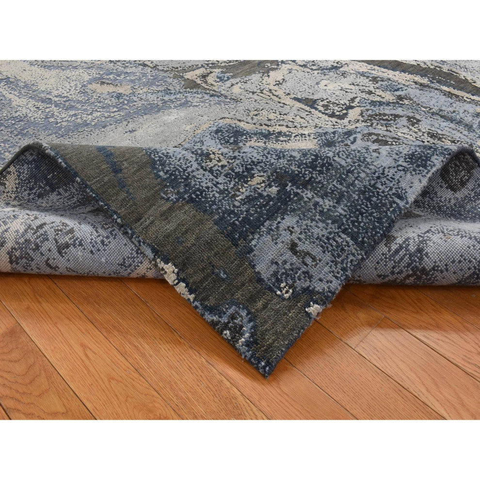 Blue, Geological Design, Wool and Pure Silk, Hand Knotted Rug, 6'x9'2"