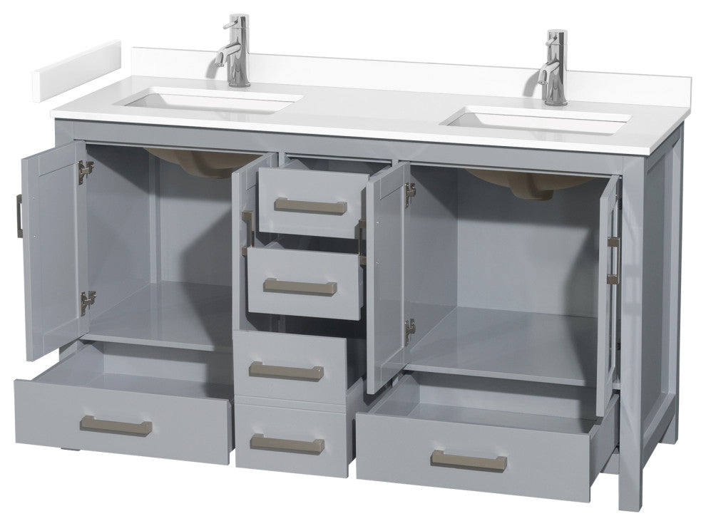 60" Double Bathroom Vanity, Gray, White Cultured Marble Countertop, Sinks