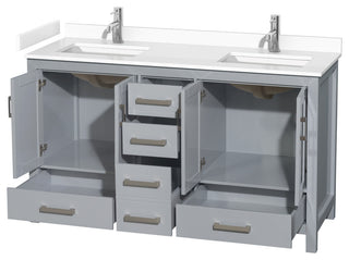 60" Double Bathroom Vanity, Gray, White Cultured Marble Countertop, Sinks
