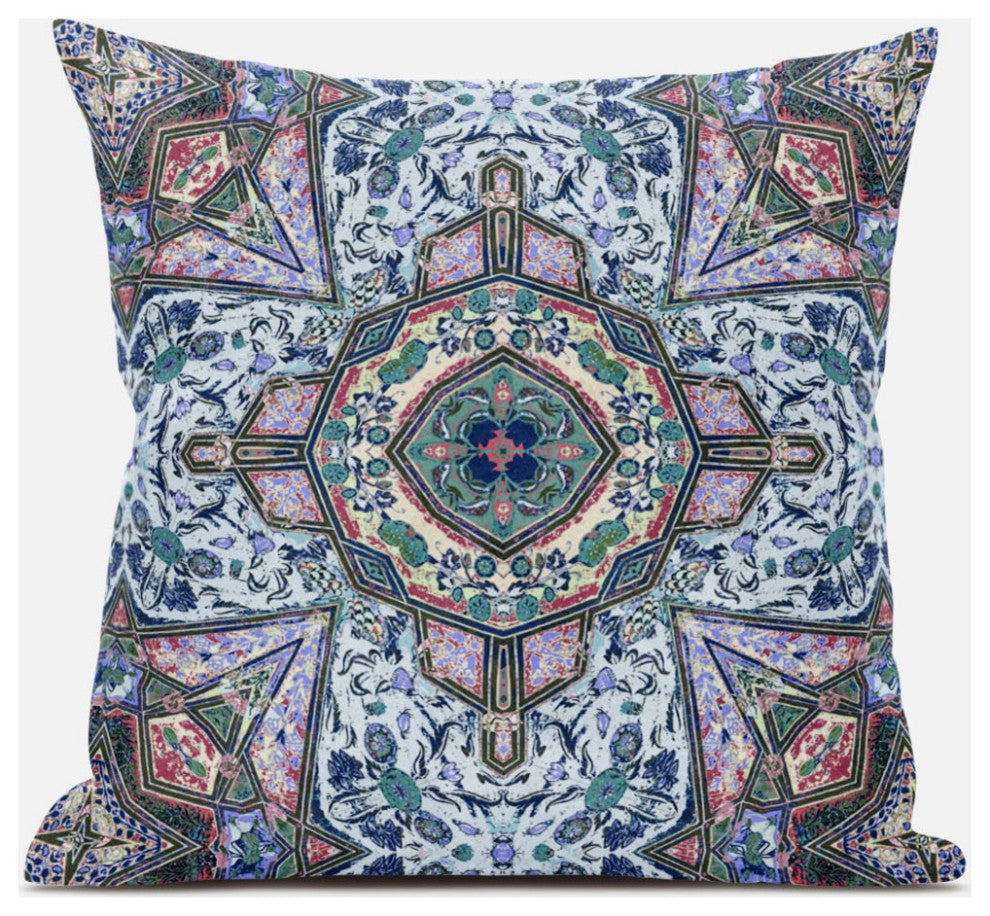 18" Pale Blue Pink Floral Medallion Suede Throw Pillow