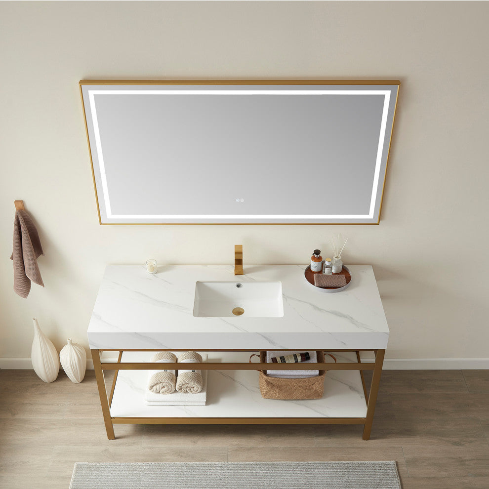 Funes Bath Vanity without Mirror, Brushed Gold Hardware, 48'', White Stone Top