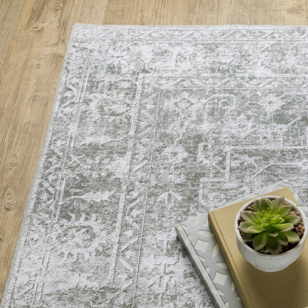 Michaela Machine Washable Distressed Grey/ Ivory Area Rug, Grey, 2'x3'