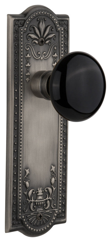 Meadows Plate Passage Black Porcelain Knob, Antique Pewter