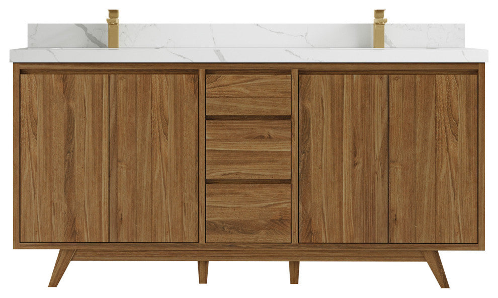 Madison Teak 72 Double Sink Bath Vanity in Dark Natural 2" Calacatta Laza