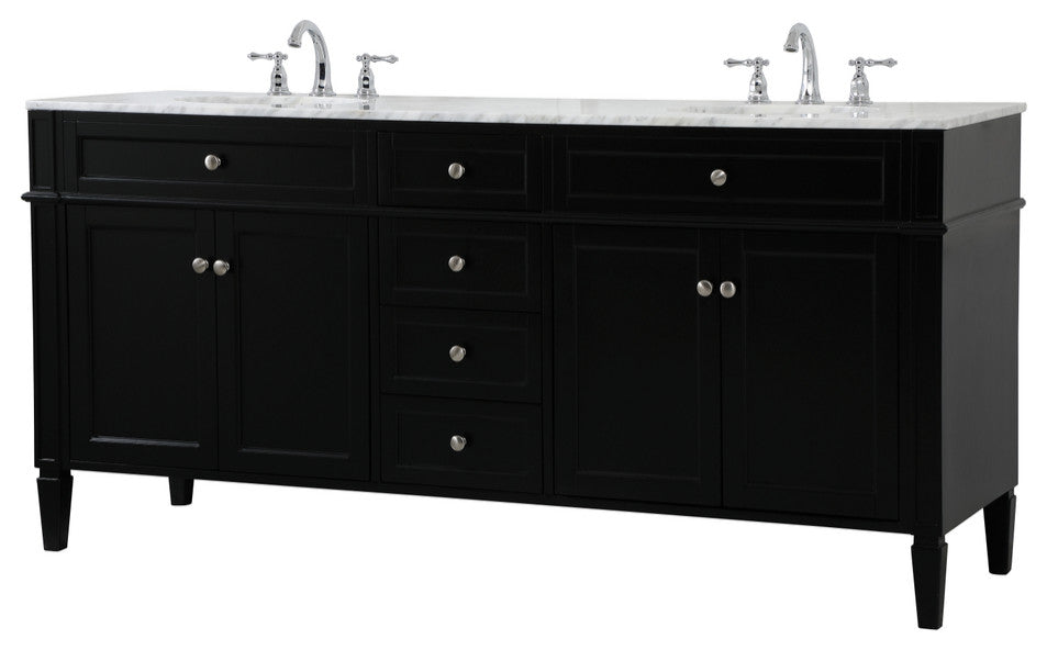 Home Living Vanity with Carrara White Marble Countertop, Black, 72", Double Sink