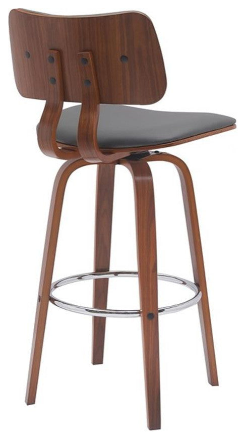 Armen Living Pico 30" Swivel Wood & Faux Leather Bar Stool in Walnut/Gray