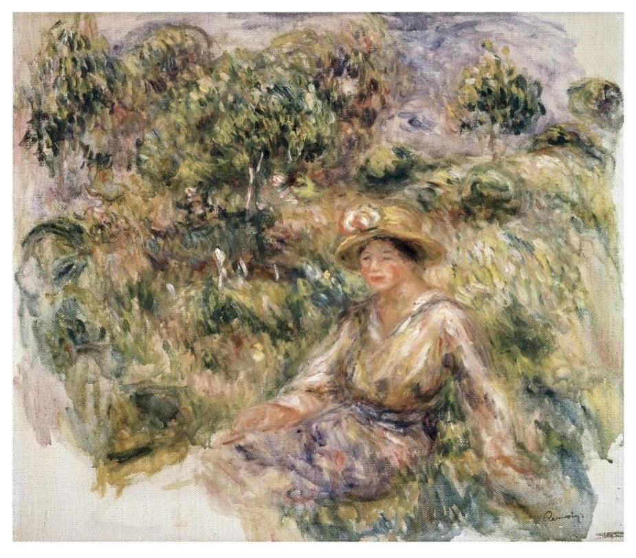 "Femme en bleu en chapeau assise sur l'herbe" Paper Art, 18"x16"