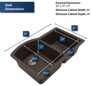 Karran Undermount Quartz 32" 60/40 Double Bowl Kitchen Sink Kit, Brown