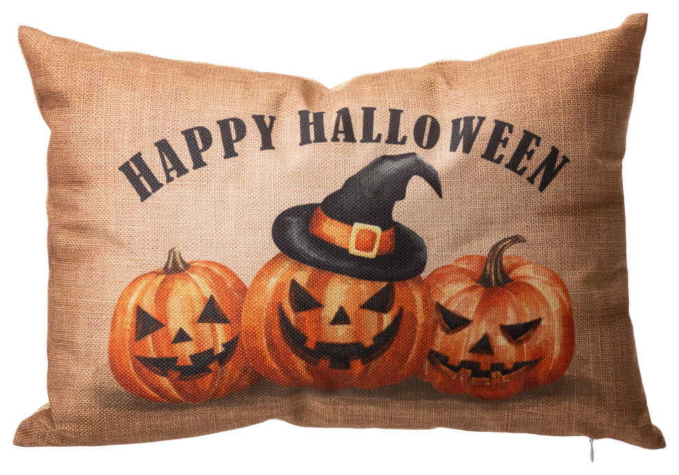 18"L Faux Burlap Happy Halloween Pumpkin Pillow