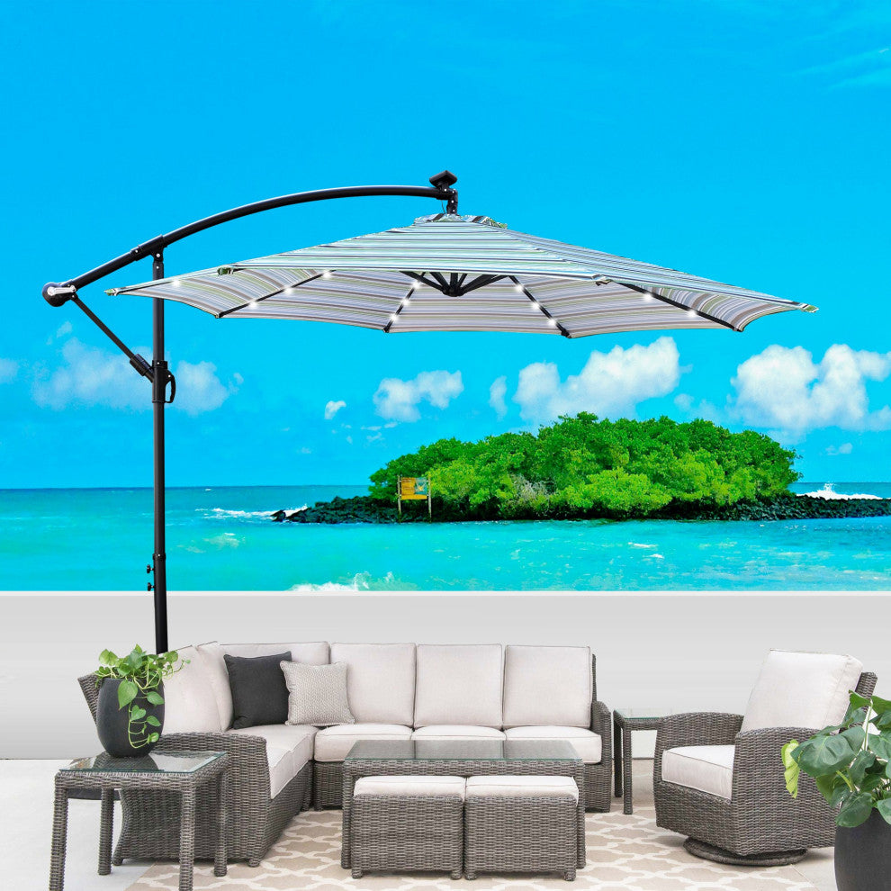 10' Steel Patio Umbrella Outdoor Market With Crank and LED Lights, Blue Striped