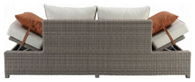 ACME Salena Patio Sofa and Ottoman with 2 Pillows, Beige Fabric and Gray Wicker