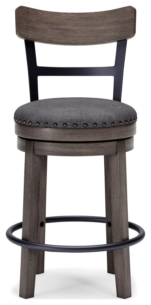Benzara BM248092 Swivel Barstool With Nailhead Trim and Curved Panel Back, Gray