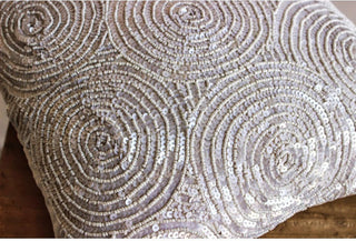 Ivory Art Silk 18"x18" Spiral Sequins Throw Pillows Cover, Ivory Swirls