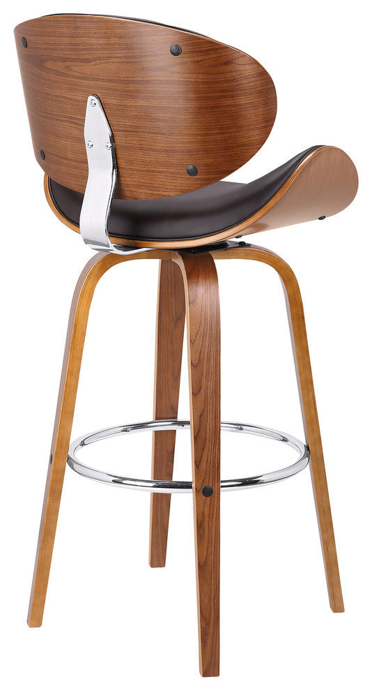 Solvang 26" Mid-Century Swivel Stool, Brown Faux Leather, Walnut Wood, Counter