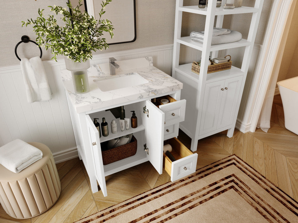 Nashville 36" Center Sink Bath Vanity, White 1.5" Calacatta Laza