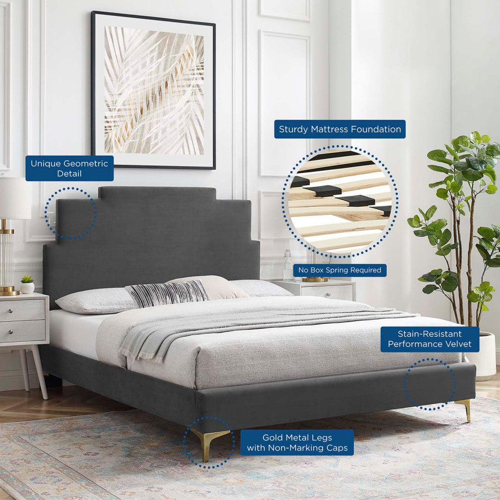 Platform Bed Frame, King Size, Velvet, Dark Gray, Modern Contemporary