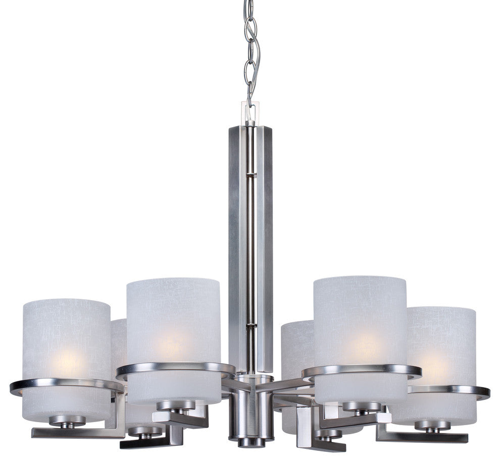 6 Light Chandelier, Brushed Nickel, White Linen Glass