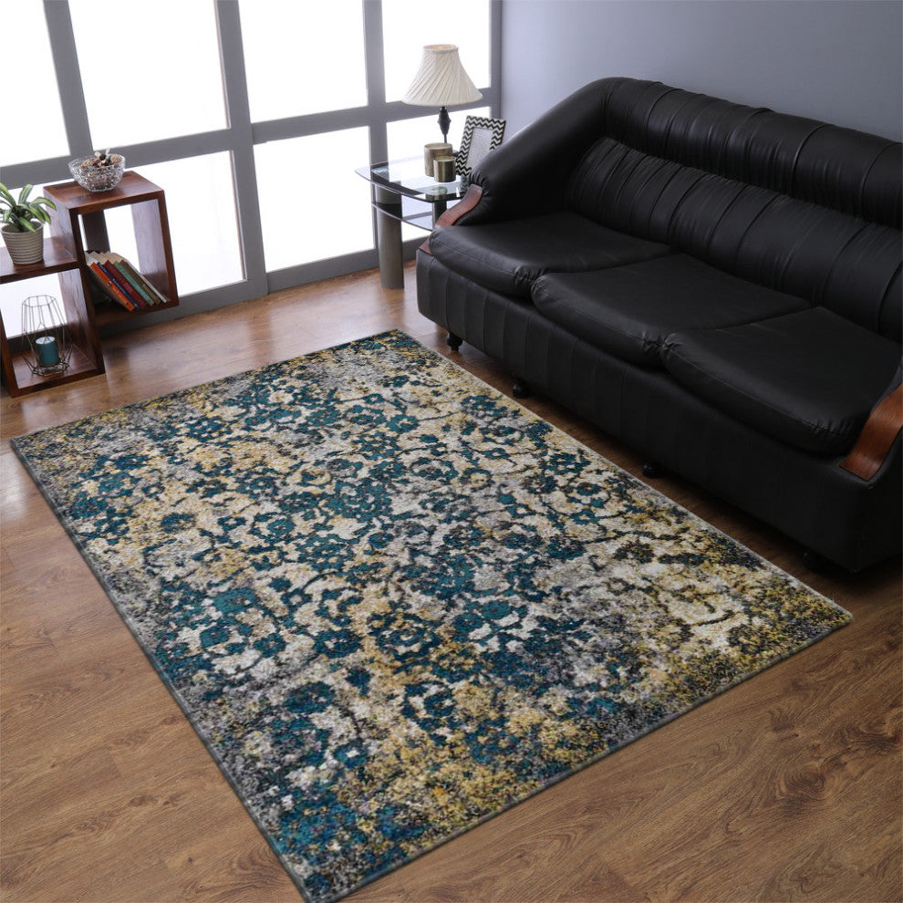 Machine Woven Heatset Polypropylene Area Rug Abstract Silver Blue, [Rectangle] 5'x8'
