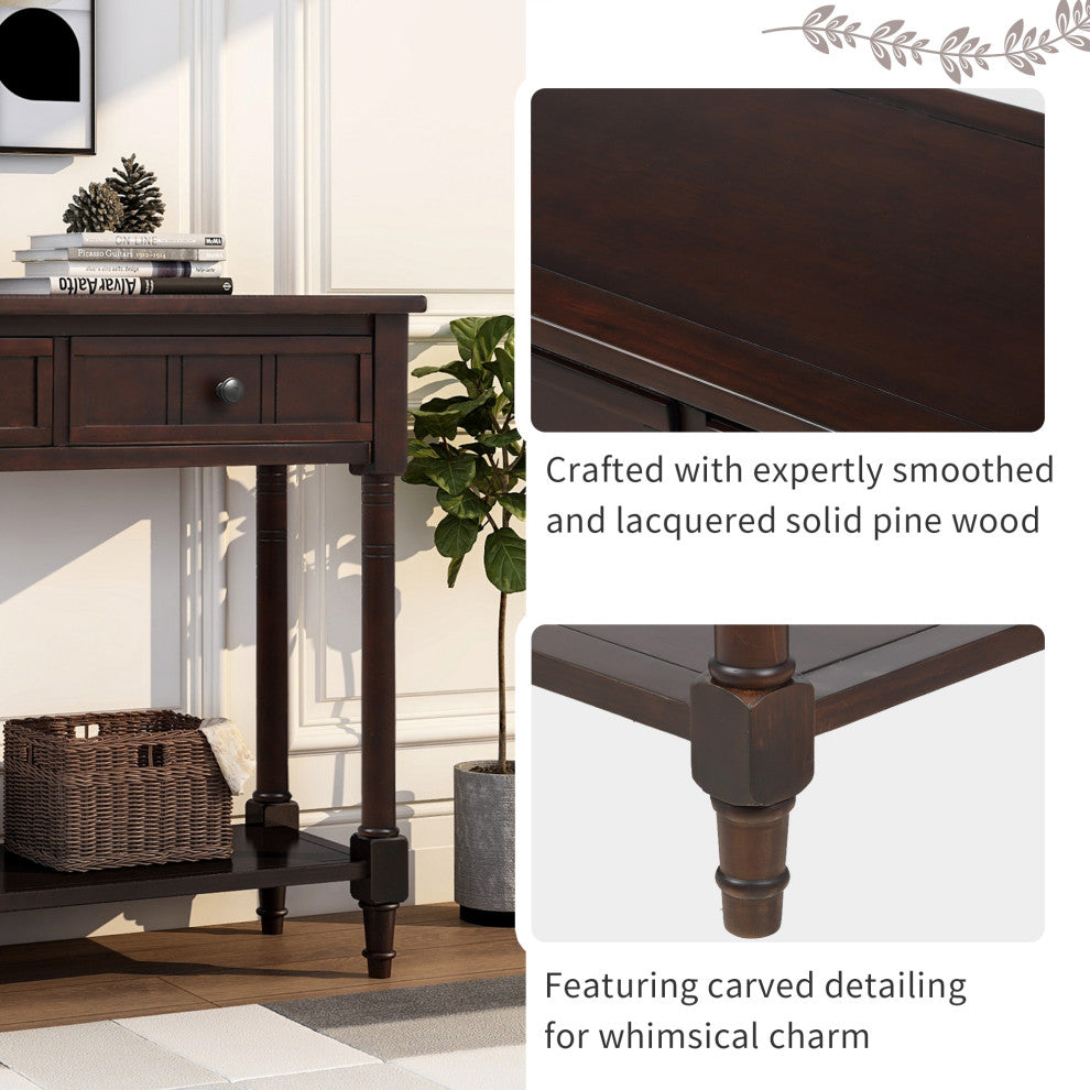 TATEUS Espresso Finish Solid Wood Console Table With Drawers, Espresso