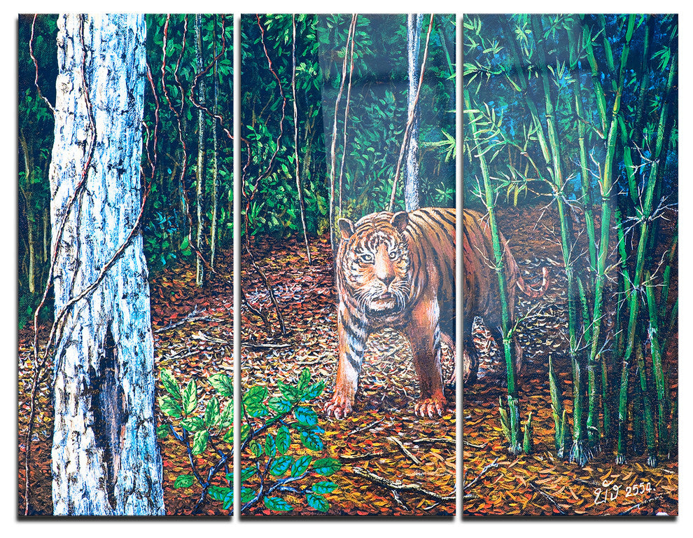 "Wandering Tiger in Forest" Digital Metal Wall Art, 3 Panels, 36"x28"