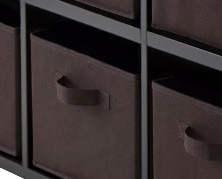 Transitional Bookcase, 9 Open Cubbies & 6 Foldable Chocolate Baskets, Black