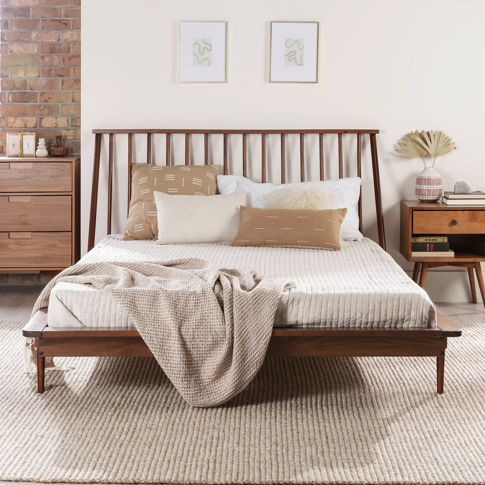 Queen Size Platform Bed, Pine Wood Construction With Spindle Headboard, Walnut