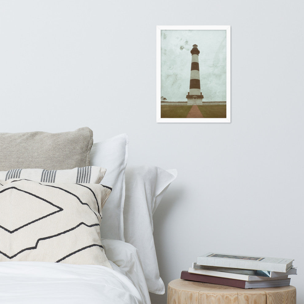 Aged Bodie Lighthouse Landscape Framed Photo Paper Wall Art Prints, White, 12" X 16"