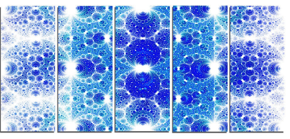 Exotic Blue Fractal Crescent Pattern, Abstract Art on Canvas, 60"x28", 5 Panels