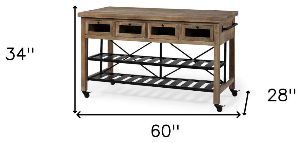 Brown Solid Wood Top Kitchen Island With Two Tier Black Metal Rolling