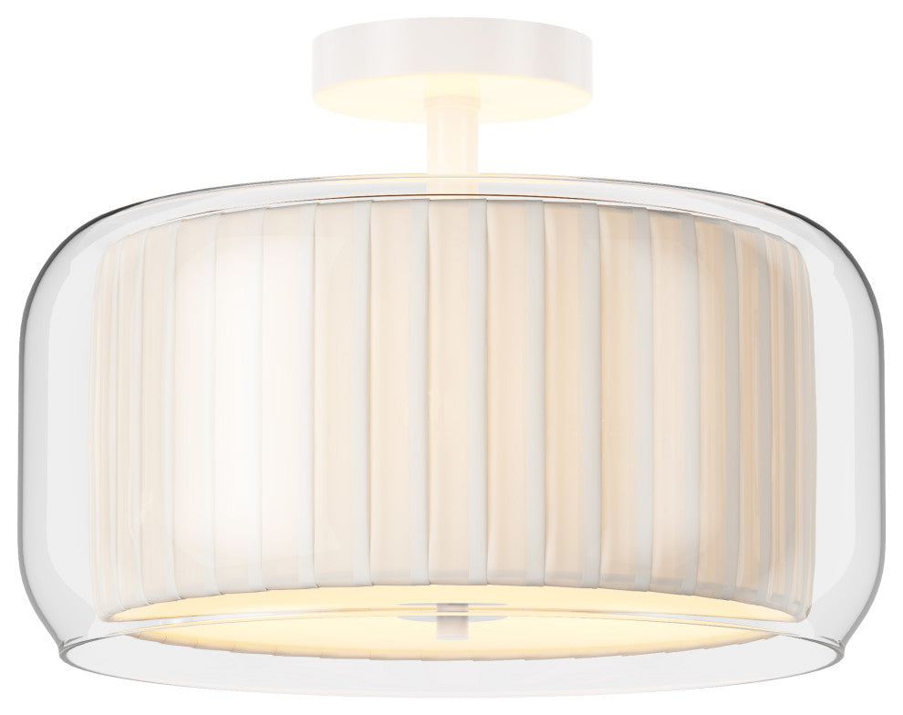 Modern 3-Light Semi Flush Mount Glass Ceiling Light with White Fabric Shade