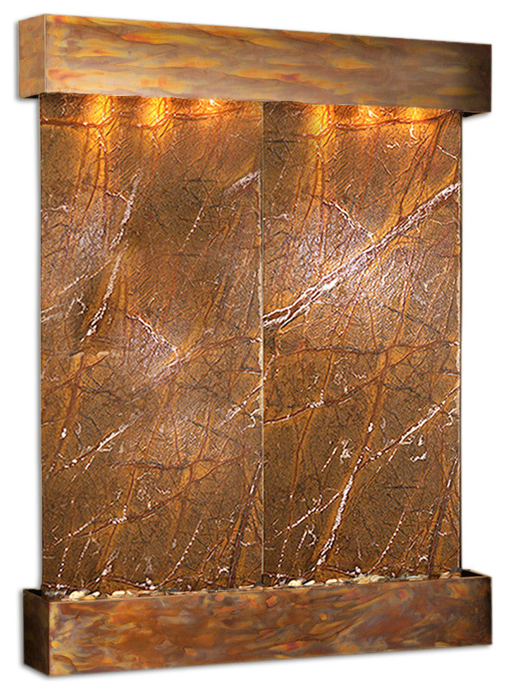 Majestic River Water Fountain, Brown Marble, Rustic Copper, Square Edges