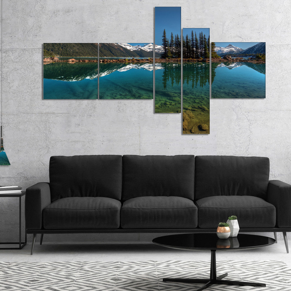 Row of Pine Trees and Mountain Lake, Landscape Canvas Print, 60"x32", 5 panels