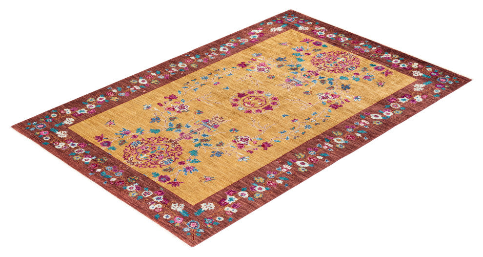 Eclectic, One-of-a-Kind Hand-Knotted Area Rug Yellow, 6' 0" x 8' 10"