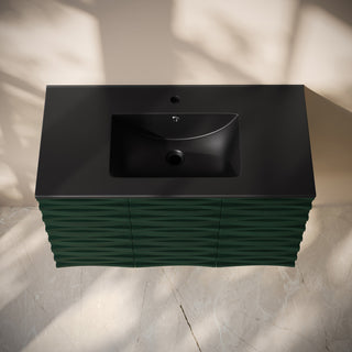 Cascade 36" Wall-Mounted Vanity, Green Oak With Black Sink Top