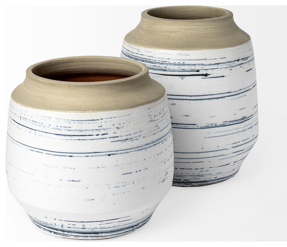 10" Blue White and Sand Coastal Ceramic Vase