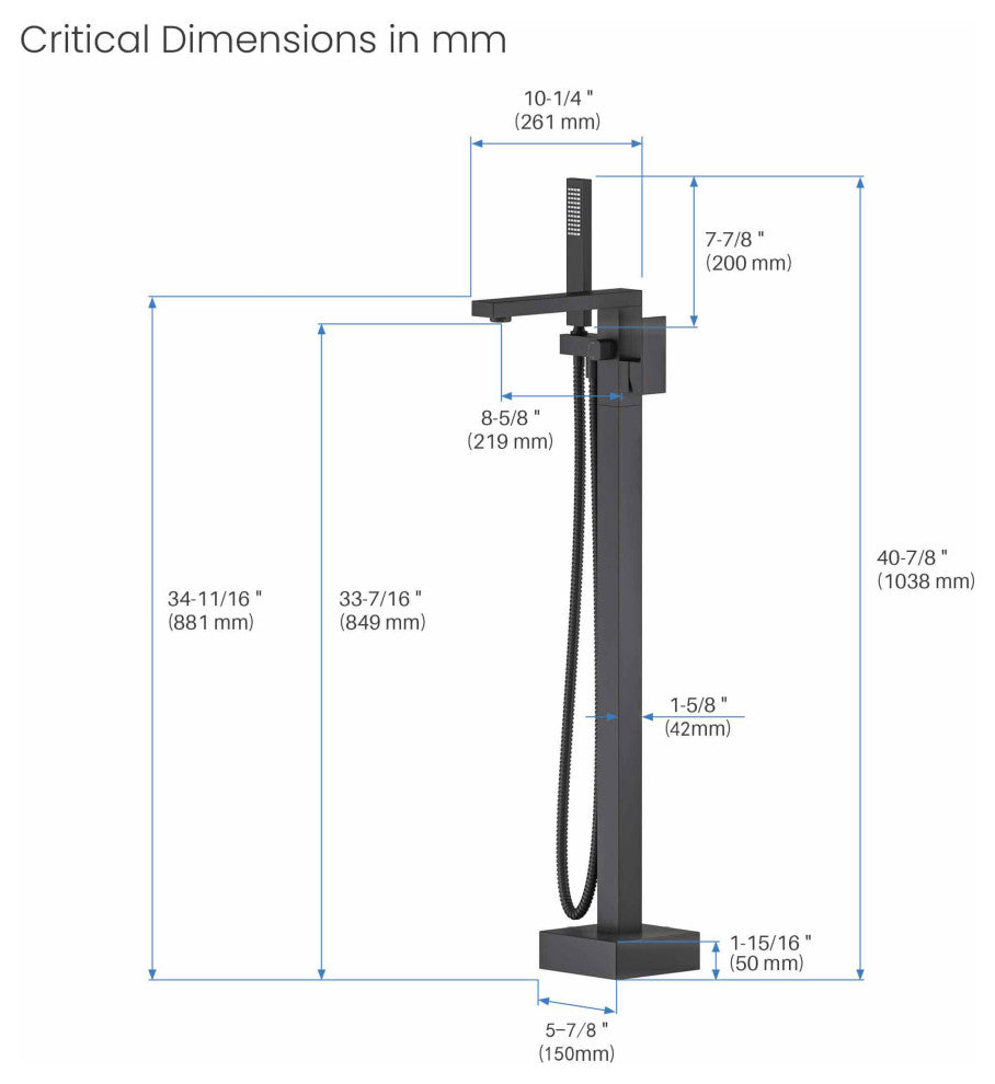 Cube Single Handle Floor Mount Tub Filler With Hand Shower, Matte Black