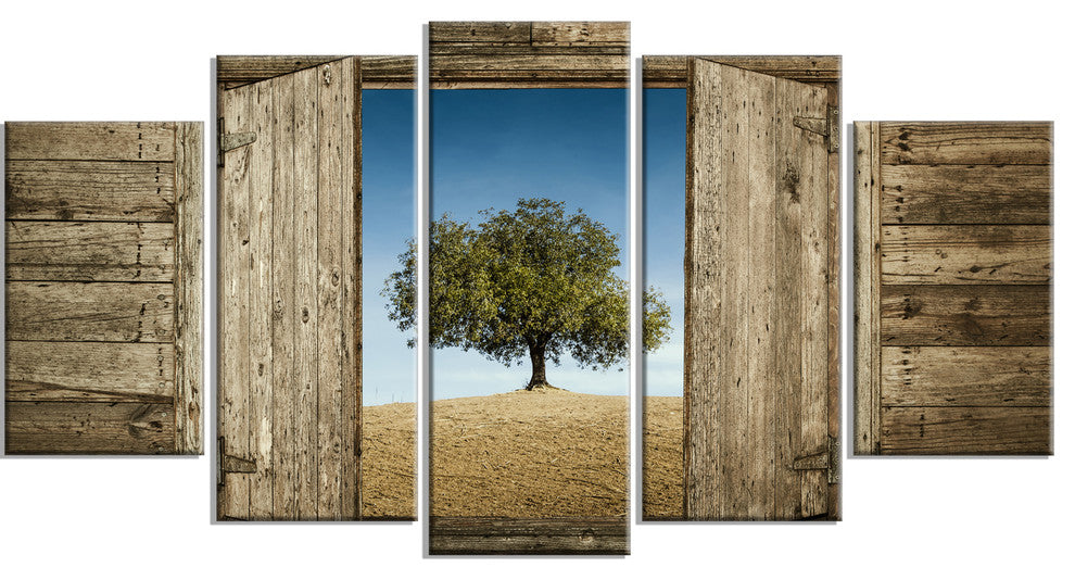 Window Open To Solitary Tree, Modern Landscape Canvas Art, 60"x32", 5 Panels
