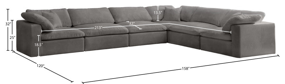 Cozy Velvet Upholstered Comfort L-Shaped Modular Sectional, Grey, 6-Piece: 3 Armless Chair, 3 Corner Chair