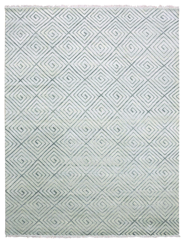 Ivory, Modern Roman Key Design, Silk With Wool Hand Knotted Rug, 9'0"x12'1"